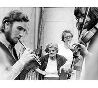 Holy Mackerel infuriated by a fiddler retro black and white photographic card featuring a vintage image of old ladies watching musicians at the Eisteddfod - 12.6 x 17.7cm and blank inside