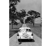 Holy Mackerel just married retro black and white photographic card featuring a vintage image of a wedding couple in a classic American car - 12.6 x 17.7cm and blank inside