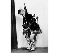 Holy Mackerel kilt and bagpipes retro black and white photographic card featuring a vintage image of a comedy character in Scottish costume - 12.6 x 17.7cm and blank inside