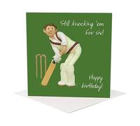 Holy Mackerel knocking 'em for six male cricket birthday card for him - designed by artist Erica Sturla - 15cm square and blank inside for your message - made in the UK