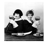 Holy Mackerel Laurel and Hardy make a toast retro black and white photographic card featuring a vintage image of the movie comedians with glasses of wine - 15cm square and blank inside