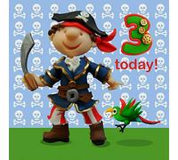Holy Mackerel Little boy's 3rd birthday card for him featuring a child dressed as a pirate - designed by artist Erica Sturla - 15cm square and blank inside for your message - made in the UK