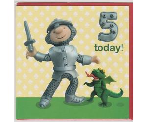 Holy Mackerel Little boy's 5th birthday card for him featuring a child dressed as a knight - designed by artist Erica Sturla - 15cm square and blank inside for your message - made in the UK