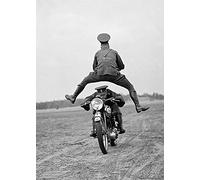 Holy Mackerel man leaping motorcycle retro black and white photographic card featuring a vintage image of a motorbike stunt - 12.6 x 17.7cm and blank inside