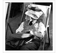 Holy Mackerel man sleeping retro black and white photographic card featuring a vintage image of a gentleman on his deckchair with a newspaper tucked under his hat - 15cm square and blank inside