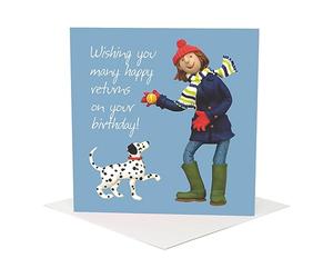 Holy Mackerel Many Happy Returns birthday card - a female dog themed birthday card by Erica Sturla with an image of one of her polymer clay figures - 15cm square and blank inside - made in the UK