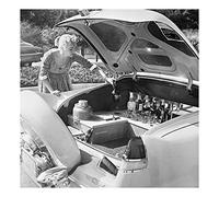 Holy Mackerel mobile cocktail cabinet retro black and white photographic card featuring a vintage image of drinks in a car boot - 15cm square and blank inside