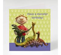 Holy Mackerel monster birthday card for a little boy featuring a child with dinosaur toys - designed by artist Erica Sturla - 15cm square and blank inside for your message - made in the UK