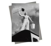 Holy Mackerel Mop and bucket blank greeting card - a 12.6 x 17.7cm Alternative Image design featuring a vintage black and white photo of a girl on top of a caravan - blank inside