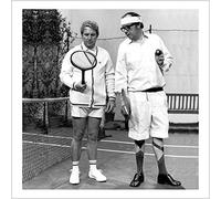 Holy Mackerel Morecambe and Wise retro black and white photographic card featuring a vintage image of the comedians playing tennis - 15cm square and blank inside