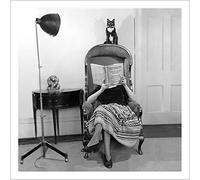 Holy Mackerel Mrs Middleton and Junior the cat retro black and white photographic card featuring a vintage image of a woman reading with her pet - 15cm square and blank inside