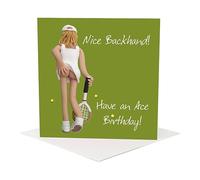 Holy Mackerel nice backhand cheeky tennis birthday card - designed by artist Erica Sturla - 15cm square and blank inside for your message - made in the UK