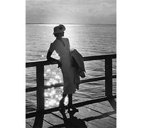 Holy Mackerel on the boardwalk retro black and white photographic card featuring a vintage image of a fashionable woman on a pier - 12.6 x 17.7cm and blank inside