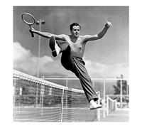 Holy Mackerel over the net retro black and white photographic card featuring a vintage image of a tennis player celebrating a winning set - 15cm square and blank inside