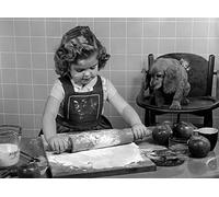 Holy Mackerel pastry pals retro black and white photographic card featuring a vintage image of a girl and her pet dog baking - 12.6 x 17.7cm and blank inside