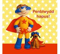 Holy Mackerel penblwydd hapus Welsh birthday card for a little boy featuring a superhero - designed by artist Erica Sturla - 15cm square and blank inside for your message - made in the UK