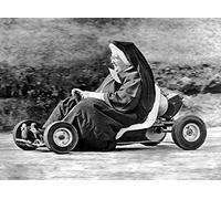Holy Mackerel petrolhead retro black and white photographic card featuring a vintage image of a nun on a go-kart - 12.6 x 17.7cm and blank inside