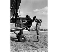 Holy Mackerel pilot retro black and white photographic card featuring a vintage image of an aviator and his plane - 12.6 x 17.7cm and blank inside