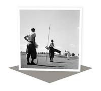 Holy Mackerel playing golf retro black and white photographic card featuring a vintage image of two friends on the green - 15cm square and blank inside