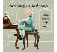 Holy Mackerel practice makes perfect Mozart birthday card featuring the young composer at the piano - designed by artist Erica Sturla - 15cm square and blank inside for your message - made in the UK