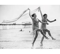 Holy Mackerel prancing past the pier retro black and white photographic card featuring a vintage image of dancing at the beach - 12.6 x 17.7cm and blank inside
