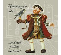 Holy Mackerel pulling the birds Henry the Eighth birthday card featuring the king with his falcon - designed by artist Erica Sturla - 15cm square and blank inside for your message - made in the UK