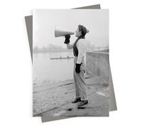 Holy Mackerel Rowing cox blank greeting card - a 12.6 x 17.7cm Alternative Image design featuring a vintage black and white photo of a cox instructing a crew - blank inside