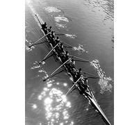 Holy Mackerel rowing eight from above retro black and white photographic card featuring a vintage image of rowers with their blades in unison on the river - 12.6 x 17.7cm and blank inside