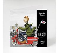 Holy Mackerel rumble in Brighton birthday card featuring a mod on a scooter - designed by artist Erica Sturla - 15cm square and blank inside for your message - made in the UK