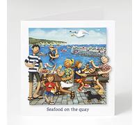 Holy Mackerel seafood on the quay seaside themed blank greeting card - designed by artist Erica Sturla - 15cm square and blank inside for your own message