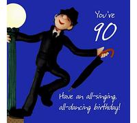 Holy Mackerel singing in the rain male 90th birthday card for him - designed by artist Erica Sturla - 15cm square and blank inside for your message - made in the UK