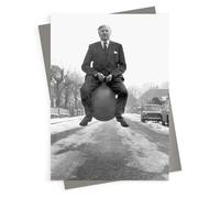 Holy Mackerel Spacehopper blank greeting card - a 12.6 x 17.7cm Alternative Image design featuring a vintage black and white photo of a businessman using unusual commuting transport - blank inside