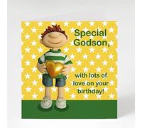 Holy Mackerel special god-son birthday card for a little boy featuring a child with a gold heart - designed by artist Erica Sturla - 15cm square and blank inside for your message - made in the UK