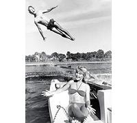 Holy Mackerel speedboat and waterskier retro black and white photographic card featuring a vintage image of some dramatic watersports - 12.6 x 17.7cm and blank inside