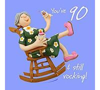 Holy Mackerel still rocking female 90th birthday card for her - designed by artist Erica Sturla - 15cm square and blank inside for your message - made in the UK