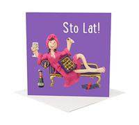 Holy Mackerel sto lat chocolate themed female Polish birthday card for her - designed by artist Erica Sturla - 15cm square and blank inside for your message - made in the UK