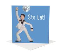 Holy Mackerel sto lat disco themed male Polish birthday card for him - designed by artist Erica Sturla - 15cm square and blank inside for your message - made in the UK