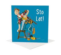 Holy Mackerel sto lat DIY themed male Polish birthday card - designed by artist Erica Sturla - 15cm square and blank inside for your message - made in the UK