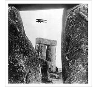 Holy Mackerel Stonehenge retro black and white photographic card featuring a vintage image of a biplane flying over the historic site - 15cm square and blank inside