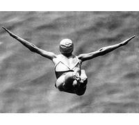 Holy Mackerel swan dive retro black and white photographic card featuring a vintage image of a female diver in flight - 12.6 x 17.7cm and blank inside