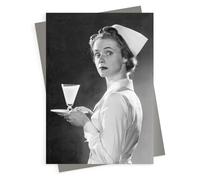 Holy Mackerel Take your medicine get well soon card - a 12.6 x 17.7cm Alternative Image design featuring a vintage black and white photo of a nurse with a glass of medication - blank inside
