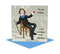 Holy Mackerel temptation Oscar Wilde birthday card featuring the Irish poet playwright and author - designed by artist Erica Sturla - 15cm square and blank inside for your message - made in the UK