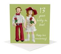 Holy Mackerel thirteen years together lace 13th wedding anniversary card for a couple - designed by artist Erica Sturla - 15cm square and blank inside for your message - made in the UK