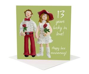 Holy Mackerel thirteen years together lace 13th wedding anniversary card for a couple - designed by artist Erica Sturla - 15cm square and blank inside for your message - made in the UK