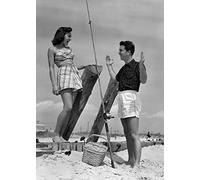 Holy Mackerel this big retro black and white photographic card featuring a vintage image of a couple sharing fishing stories - 12.6 x 17.7cm and blank inside