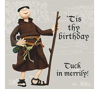 Holy Mackerel tuck in merrily Friar Tuck birthday card featuring the outlaw monk - designed by artist Erica Sturla - 15cm square and blank inside for your message - made in the UK