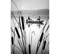 Holy Mackerel two men fishing retro black and white photographic card featuring a vintage image of friends angling from a boat - 12.6 x 17.7cm and blank inside
