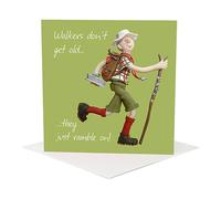 Holy Mackerel walkers don't get old rambling themed male birthday card for him - designed by artist Erica Sturla - 15cm square and blank inside for your message - made in the UK
