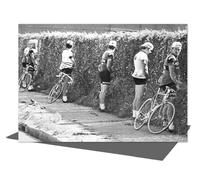 Holy Mackerel Wee break vintage photographic card featuring an image of cyclists relieving themselves, 1972-12.6 x 17.7cm and blank inside