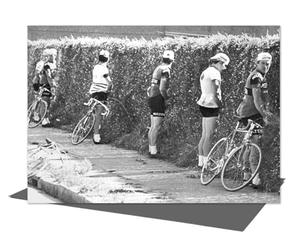 Holy Mackerel Wee break vintage photographic card featuring an image of cyclists relieving themselves, 1972-12.6 x 17.7cm and blank inside
